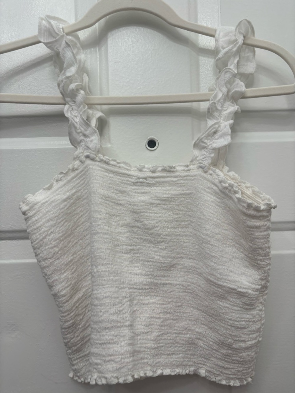 aerie White Textured Ruffle Strap Crop Top
